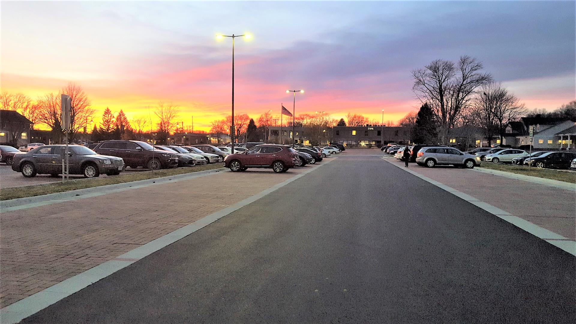 City Hall parking lot at sunset. 