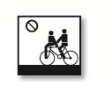 Two people on a single person bicycle with a mark indicating it is not correct