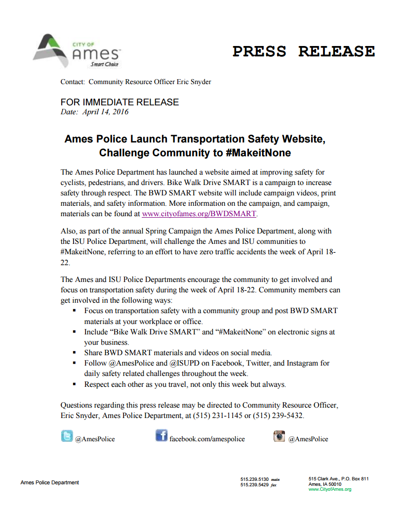 Bike Walk Drive Smart Press Release