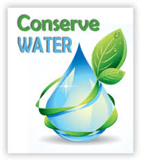 rain drop with a leaf around it and "Conserve Water" text